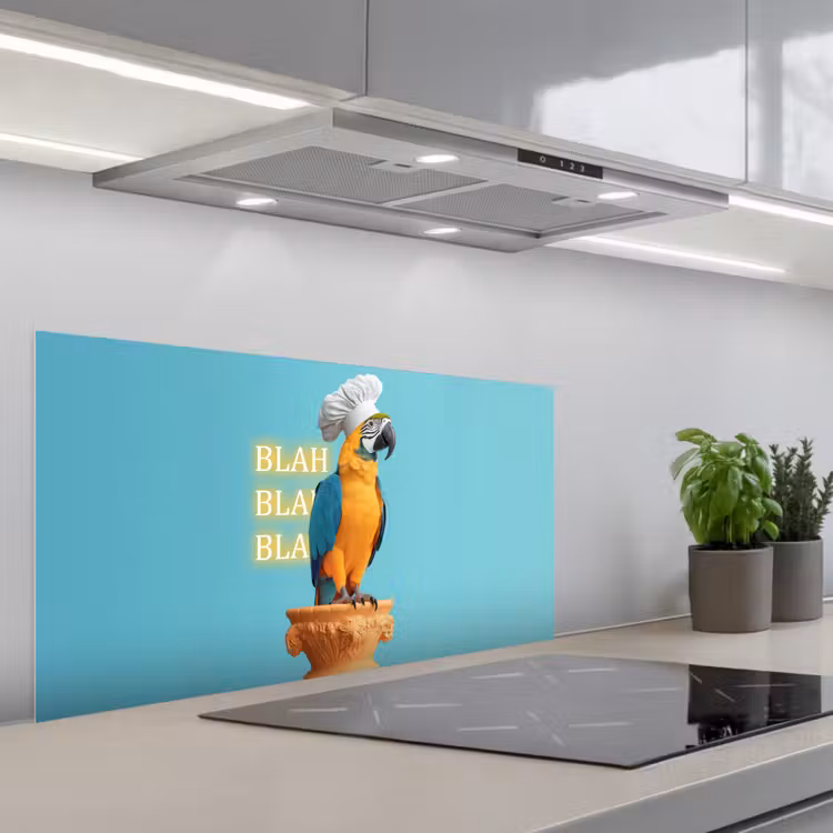Papegaai - Koksmuts - Quote - Neon keuken achterwand spatscherm middel -3d_schuin