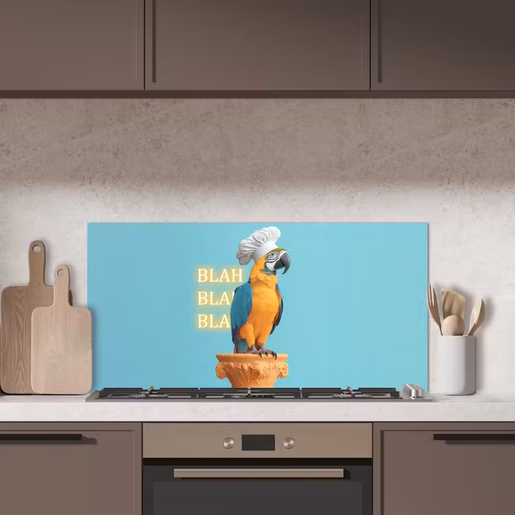 Papegaai - Koksmuts - Quote - Neon keuken achterwand spatscherm middel -sfeer2