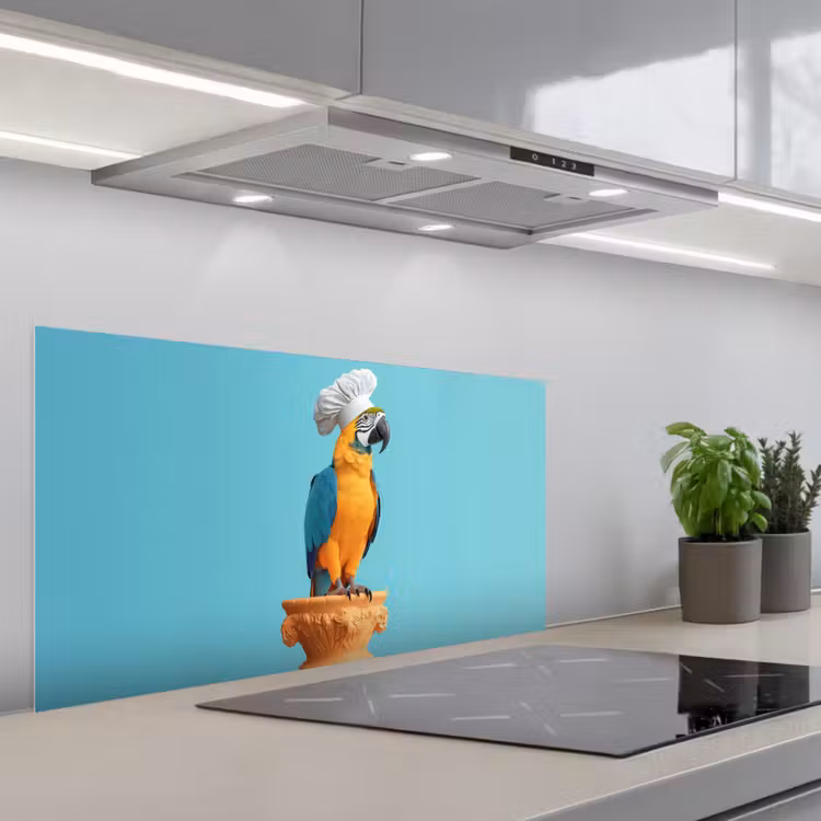 Papegaai - Koksmuts - Grappig - Vogel keuken achterwand spatscherm middel -3d_schuin