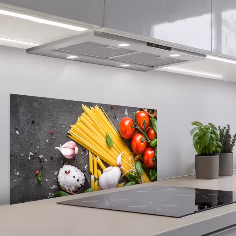 Pasta - Kruiden - Tomaat - Specerijen - Rustiek keuken achterwand spatscherm middel -3d_schuin