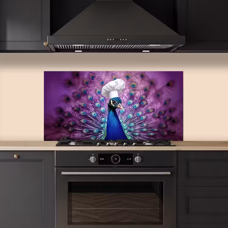 Pauw - Koksmuts - Cool - Paars keuken achterwand spatscherm middel -sfeer1