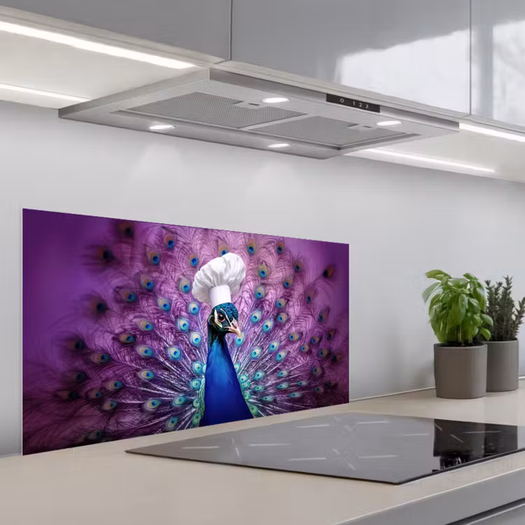 Pauw - Koksmuts - Cool - Paars keuken achterwand spatscherm middel -3d_schuin