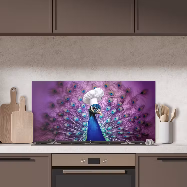 Pauw - Koksmuts - Cool - Paars keuken achterwand spatscherm middel -sfeer2