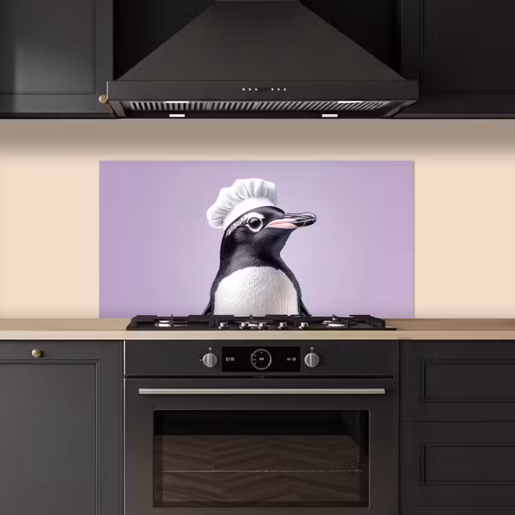 Pinguïn - Koksmuts - Lief - Paars keuken achterwand spatscherm middel -sfeer1