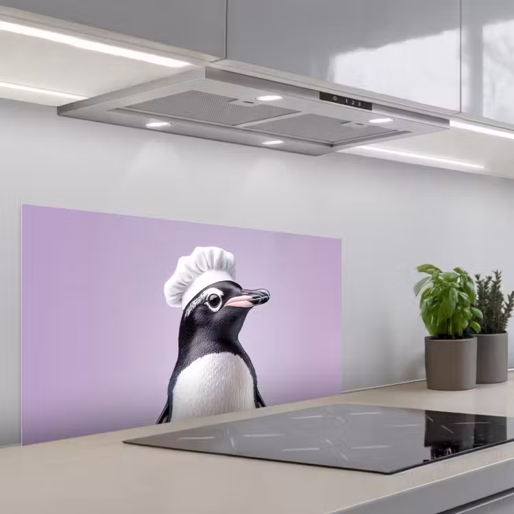 Pinguïn - Koksmuts - Lief - Paars keuken achterwand spatscherm middel -3d_schuin