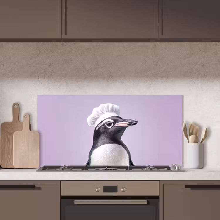 Pinguïn - Koksmuts - Lief - Paars keuken achterwand spatscherm middel -sfeer2