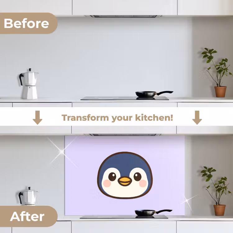 Pinguïn - Paars - Schattig keuken achterwand spatscherm middel -voor_na_EN