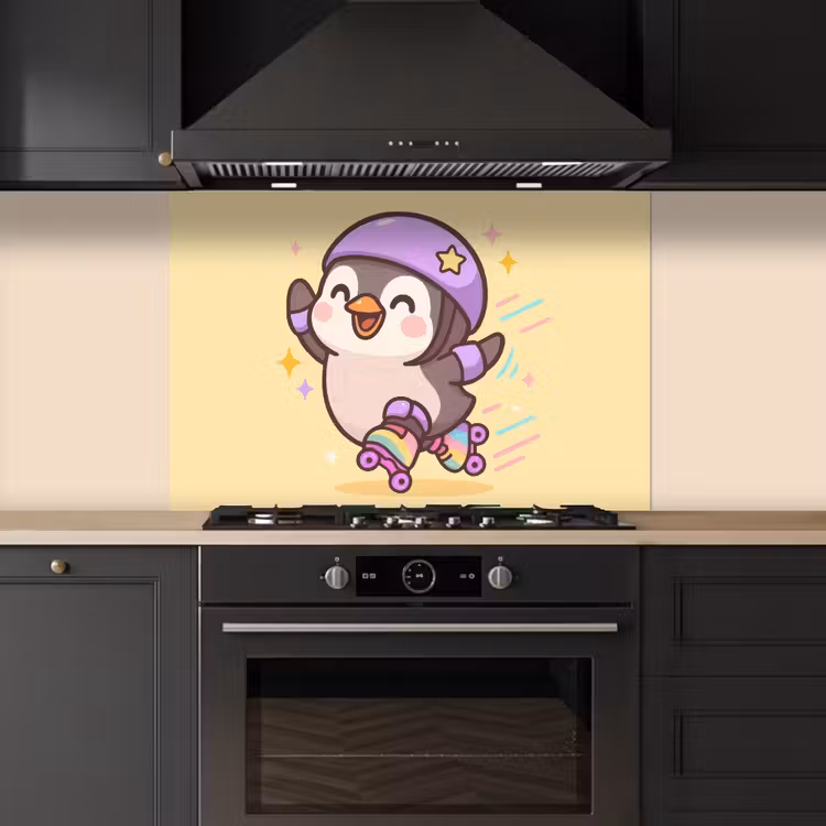 Pinguïn - Rolschaatsen - Geel - Energiek keuken achterwand spatscherm middel -sfeer1