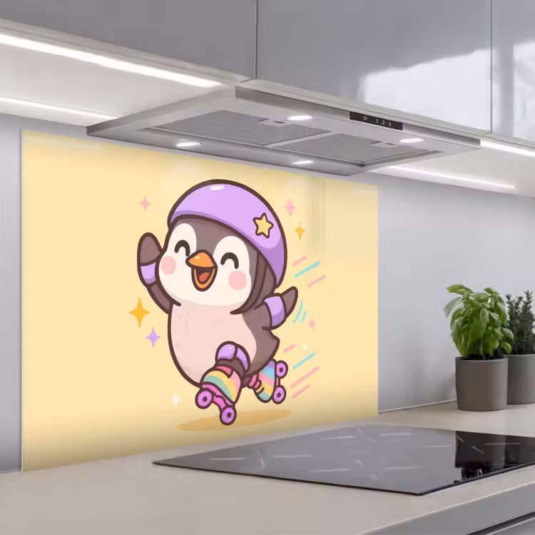 Pinguïn - Rolschaatsen - Geel - Energiek keuken achterwand spatscherm middel -3d_schuin
