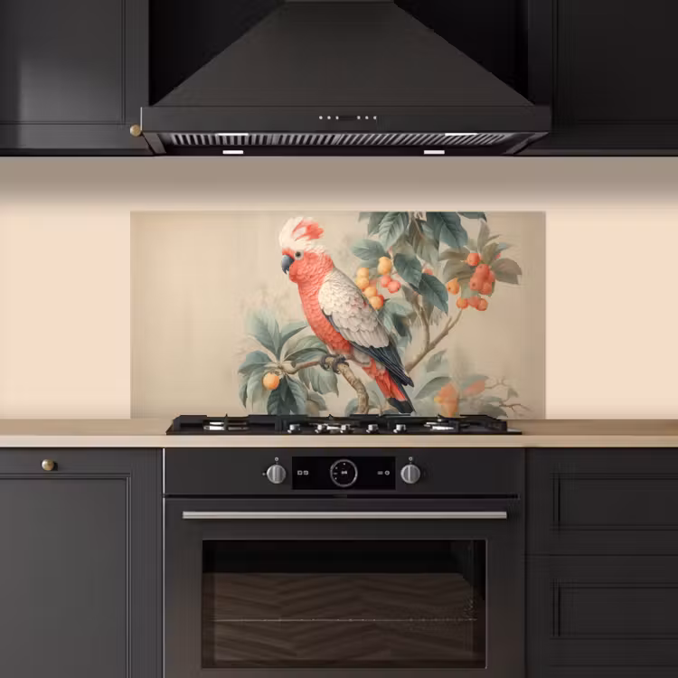 Roze kuifkaketoe - Tak met vruchten - Bladeren keuken achterwand spatscherm middel -sfeer1