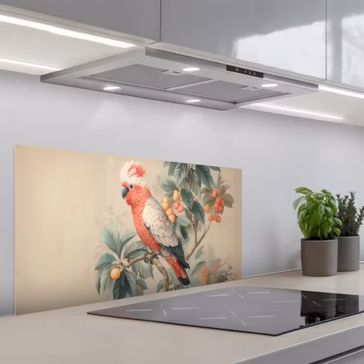 Roze kuifkaketoe - Tak met vruchten - Bladeren keuken achterwand spatscherm middel -3d_schuin