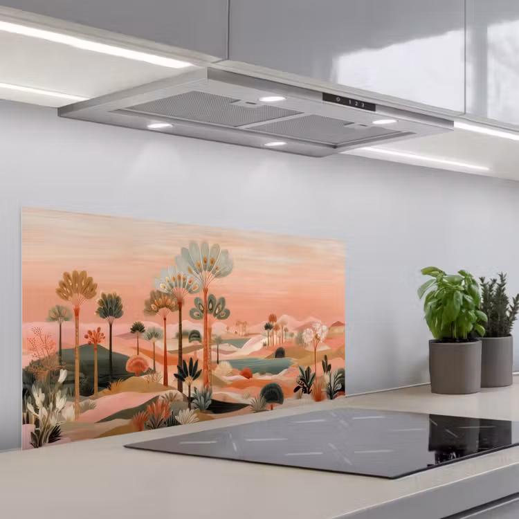 Roze landschap - Palmen - Water keuken achterwand spatscherm middel -3d_schuin