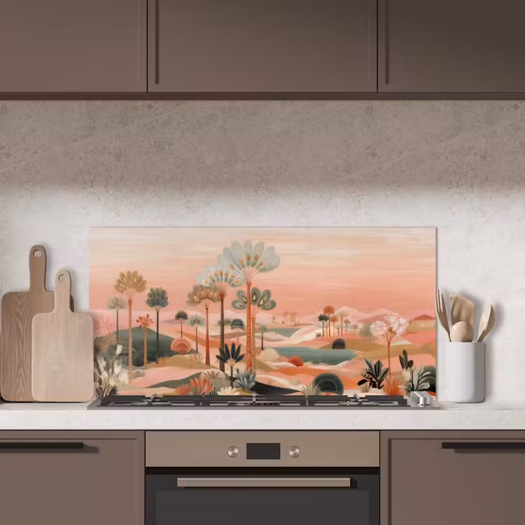 Roze landschap - Palmen - Water keuken achterwand spatscherm middel -sfeer2