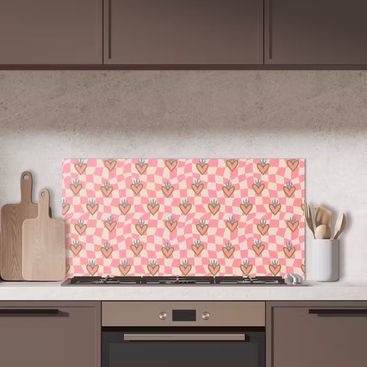 Roze - Retro - Patroon - Geblokt keuken achterwand spatscherm middel 899 -sfeer2