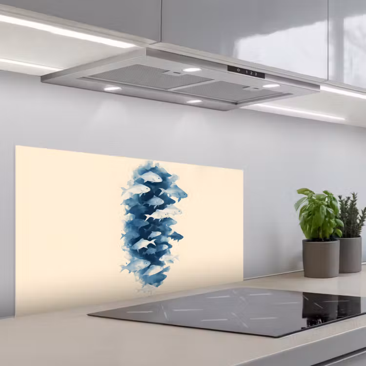 Vissen - Minimalistisch - Blauw keuken achterwand spatscherm middel -3d_schuin