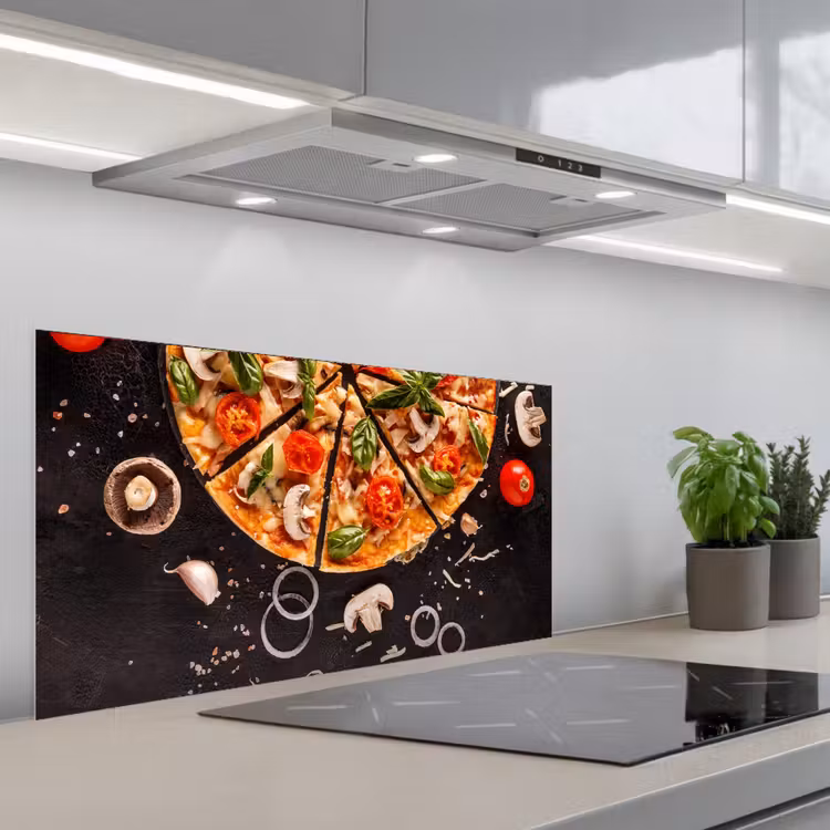 Pizza - Groente - Kruiden - Keuken - Industrieel keuken achterwand spatscherm middel -3d_schuin