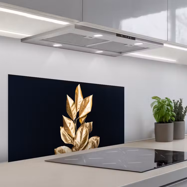 Plant - Bladeren - Goud - Zwart - Luxe keuken achterwand spatscherm middel -3d_schuin