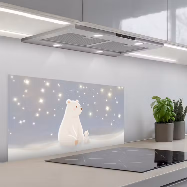 Ijsbeer - Sneeuw - Sterren - Blauw keuken achterwand spatscherm middel -3d_schuin