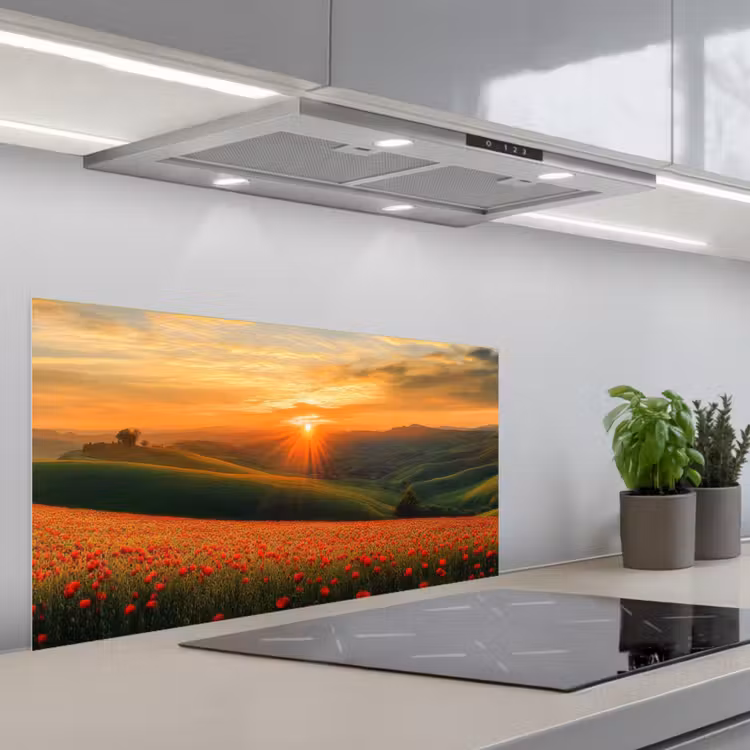 Klaprozen - Bloemen - Heuvels - Zonsondergang keuken achterwand spatscherm middel -3d_schuin