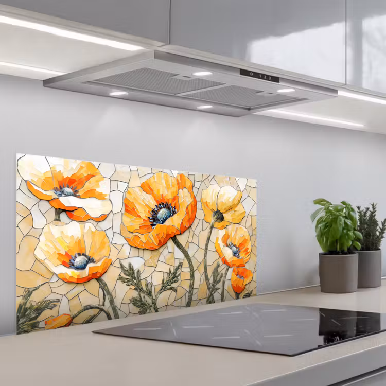 Klaprozen - Oranje - Mozaïek - Bladeren keuken achterwand spatscherm middel -3d_schuin