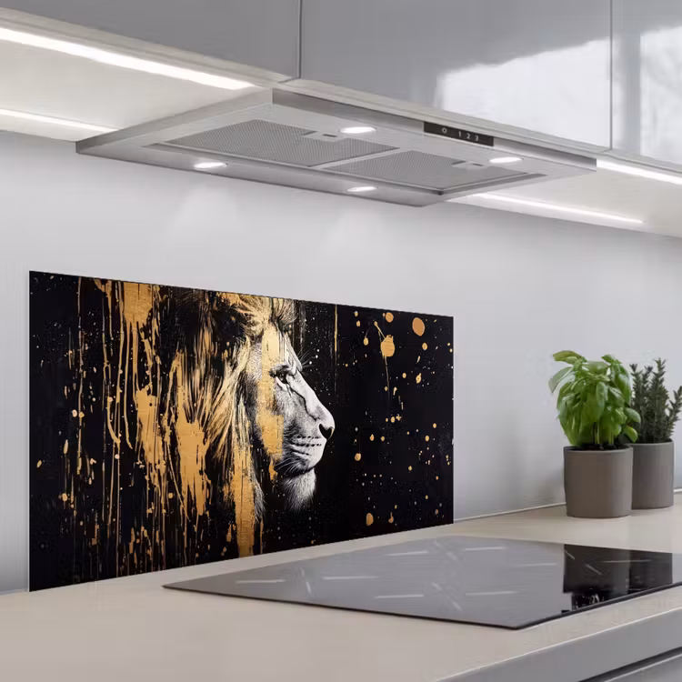 Portret - Leeuw - Abstract - Goud keuken achterwand spatscherm middel -3d_schuin
