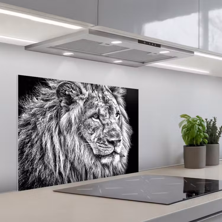 Portret - Leeuw - Zwart wit keuken achterwand spatscherm middel -3d_schuin