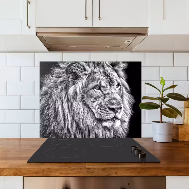 Portret - Leeuw - Zwart wit keuken achterwand spatscherm middel -sfeer2
