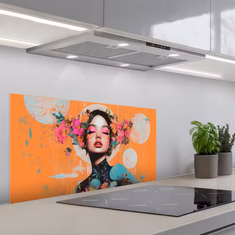 Portret - Vrouw - Abstract - Bloemen keuken achterwand spatscherm middel -3d_schuin