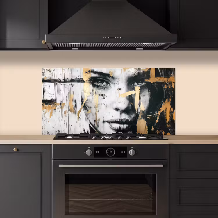 Portret - Vrouw - Penseelstreken - Goud keuken achterwand spatscherm middel -sfeer1