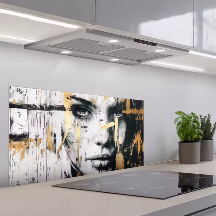 Portret - Vrouw - Penseelstreken - Goud keuken achterwand spatscherm middel -3d_schuin