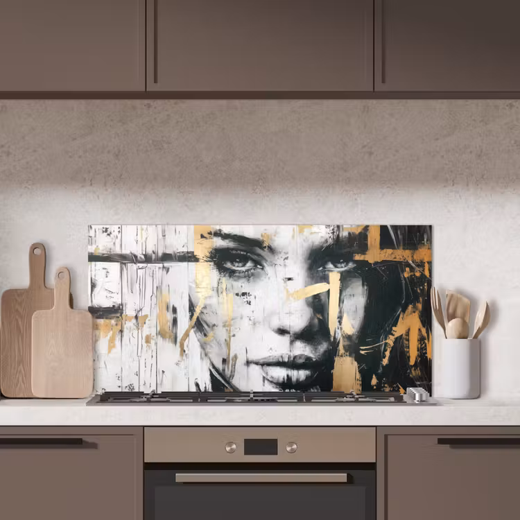 Portret - Vrouw - Penseelstreken - Goud keuken achterwand spatscherm middel -sfeer2