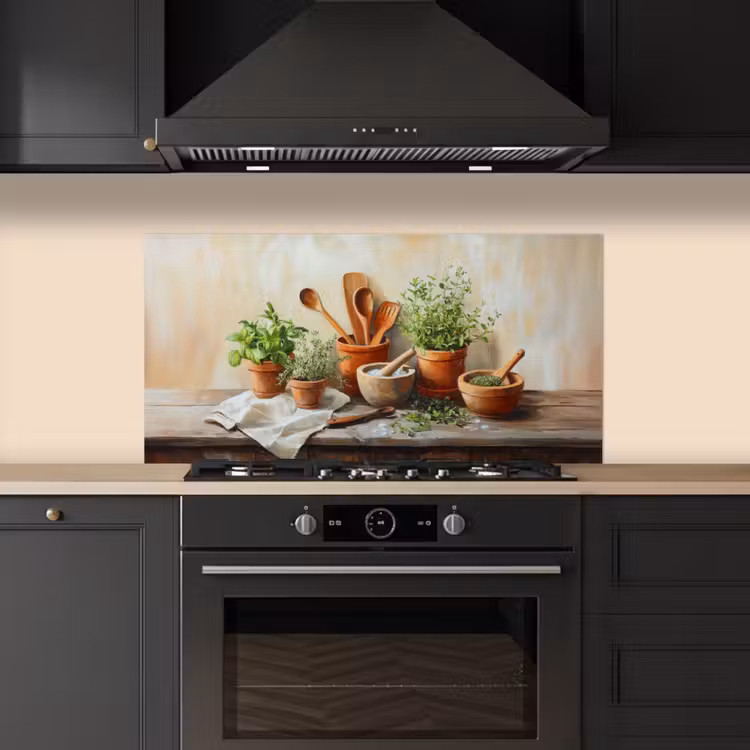 Potten - Kruiden - Hout keuken achterwand spatscherm middel -sfeer1