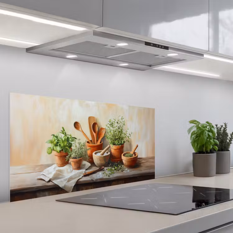 Potten - Kruiden - Hout keuken achterwand spatscherm middel -3d_schuin