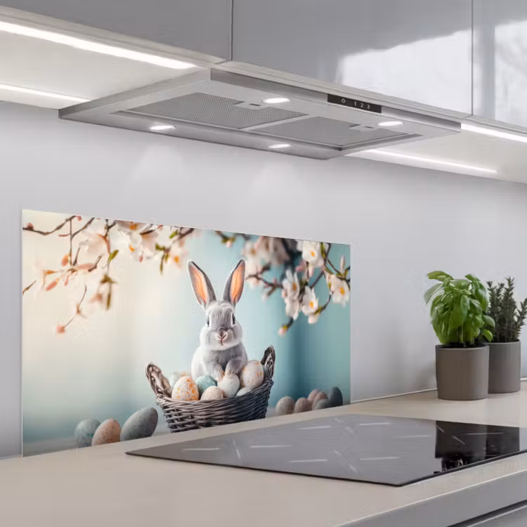 Konijn - Eieren - Mand keuken achterwand spatscherm middel -3d_schuin