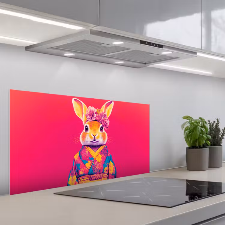 Konijn - Bloemen - Kleurrijk - Kimono keuken achterwand spatscherm middel -3d_schuin