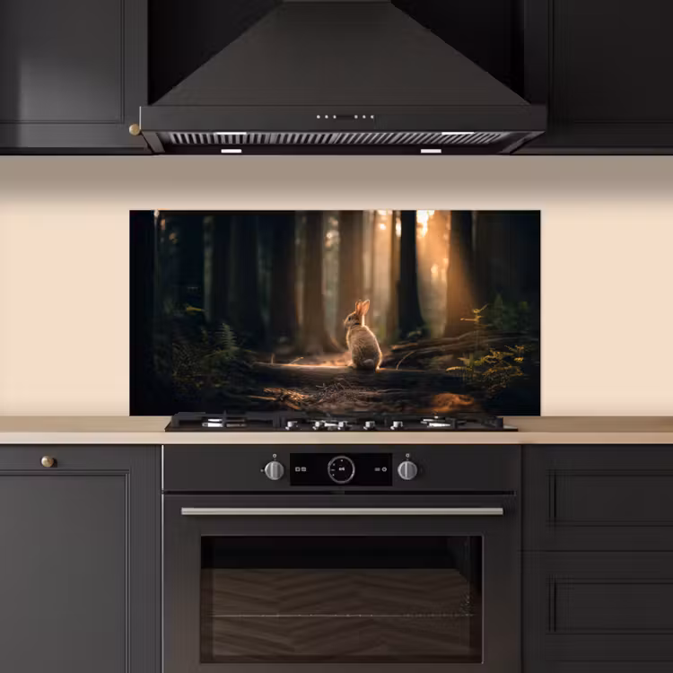 Konijn - Bos - Zonnestralen keuken achterwand spatscherm middel -sfeer1