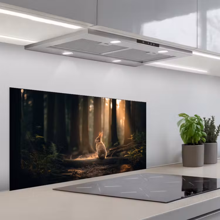 Konijn - Bos - Zonnestralen keuken achterwand spatscherm middel -3d_schuin