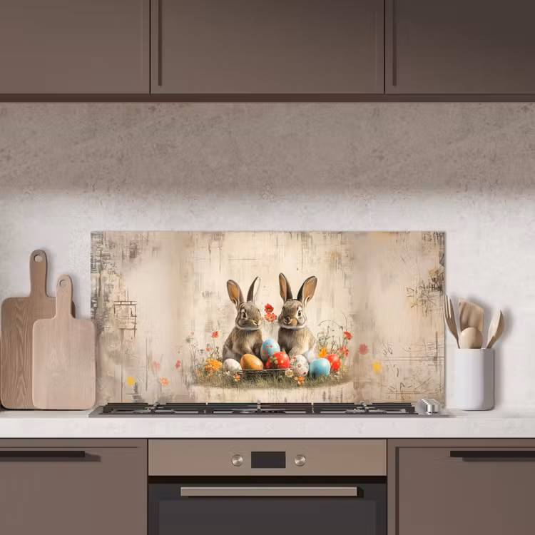 Konijnen - Bloemen - Eieren keuken achterwand spatscherm middel -sfeer2