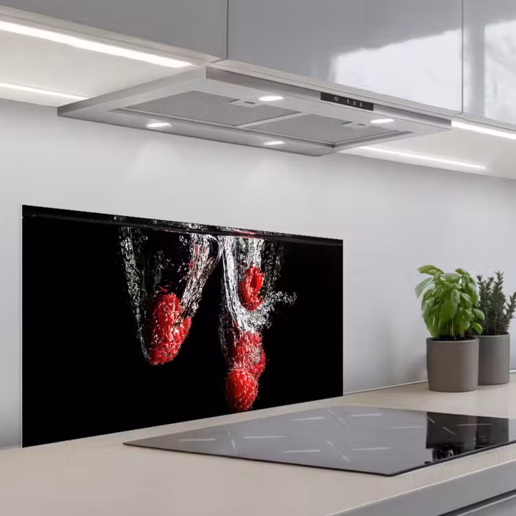 Frambozen - Fruit - Stilleven - Water - Zwart - Rood keuken achterwand spatscherm middel -3d_schuin