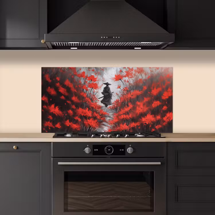 Rode bloemen - mistig - Man keuken achterwand spatscherm middel -sfeer1