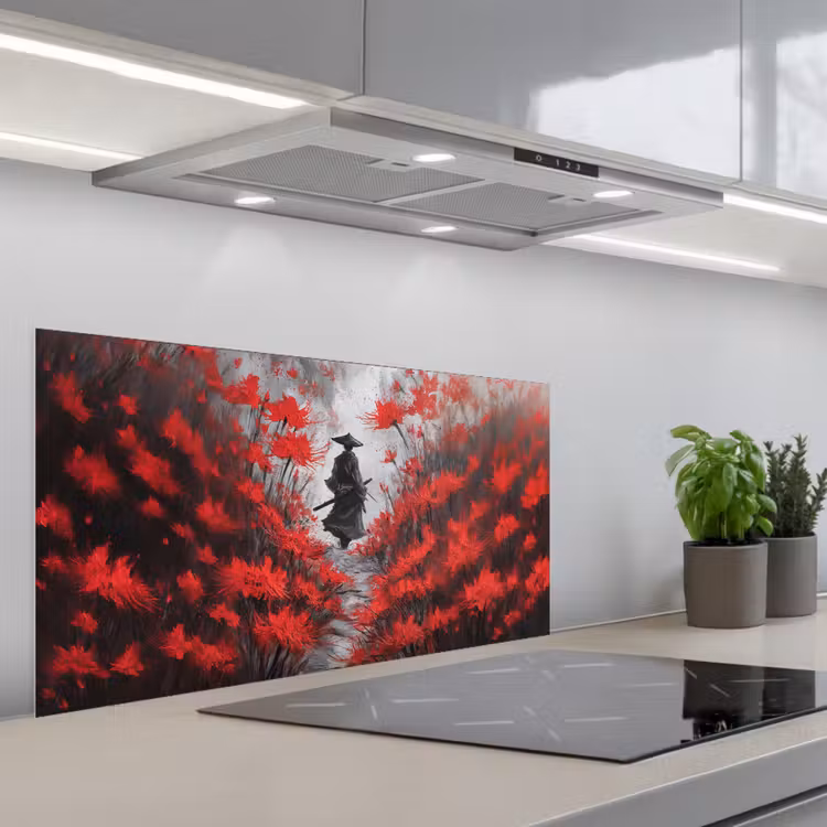 Rode bloemen - mistig - Man keuken achterwand spatscherm middel -3d_schuin