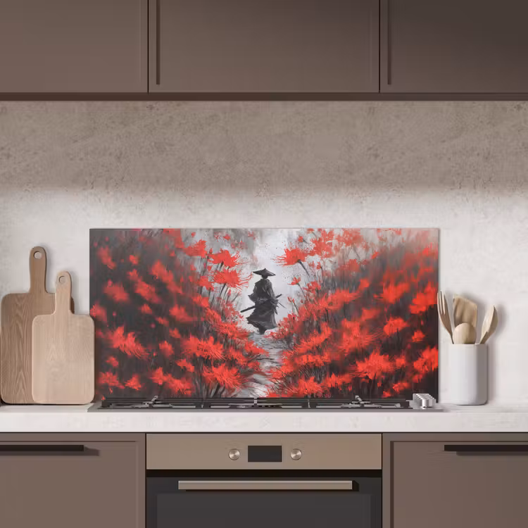 Rode bloemen - mistig - Man keuken achterwand spatscherm middel -sfeer2