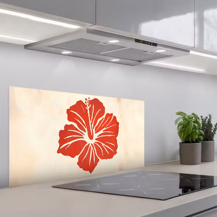 Rode hibiscusbloem - Textuur achtergrond - Beige keuken achterwand spatscherm middel -3d_schuin