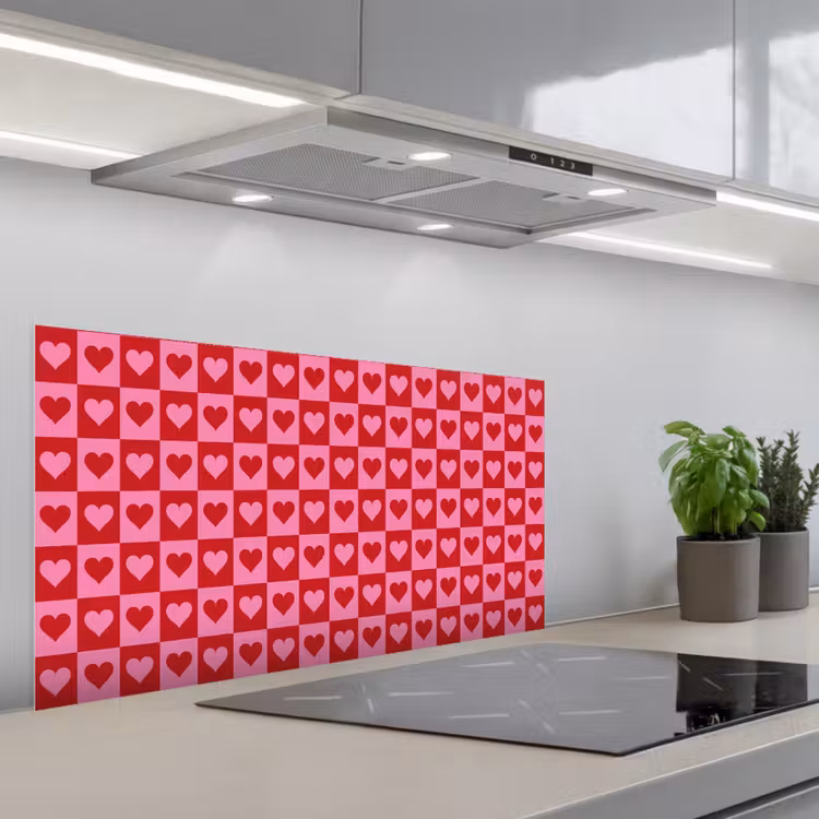 Rood - Roze - Schaakbord - Valentijn keuken achterwand spatscherm middel -3d_schuin