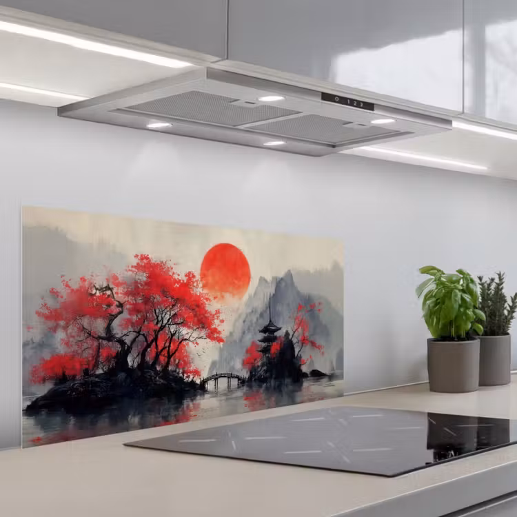 Rode zon - Rivier - brug - Bomen keuken achterwand spatscherm middel -3d_schuin