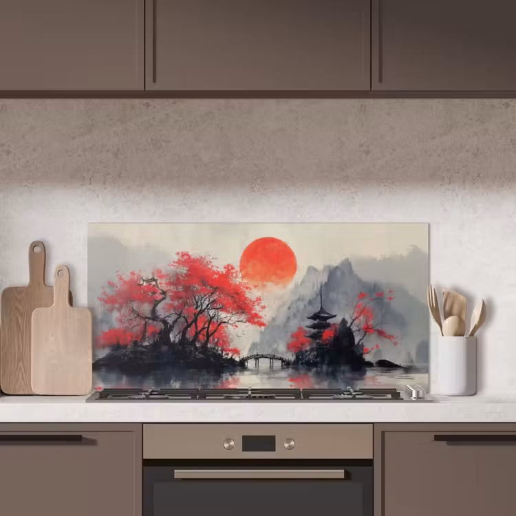 Rode zon - Rivier - brug - Bomen keuken achterwand spatscherm middel -sfeer2