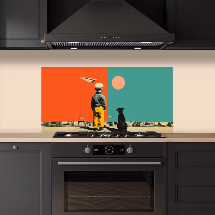 Retro - Jongen - Hond - Rood - Groen keuken achterwand spatscherm middel -sfeer1