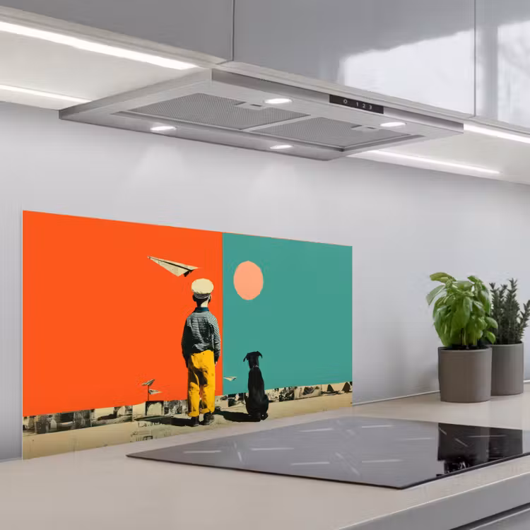Retro - Jongen - Hond - Rood - Groen keuken achterwand spatscherm middel -3d_schuin