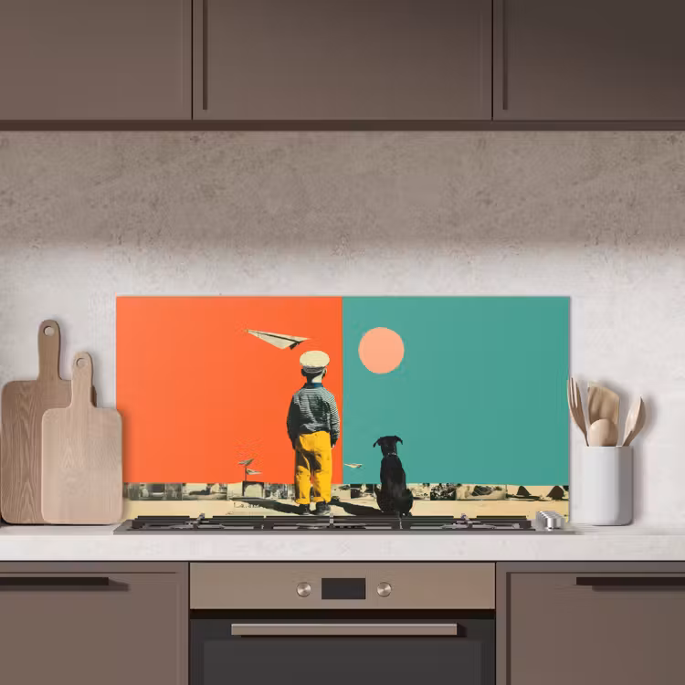 Retro - Jongen - Hond - Rood - Groen keuken achterwand spatscherm middel -sfeer2