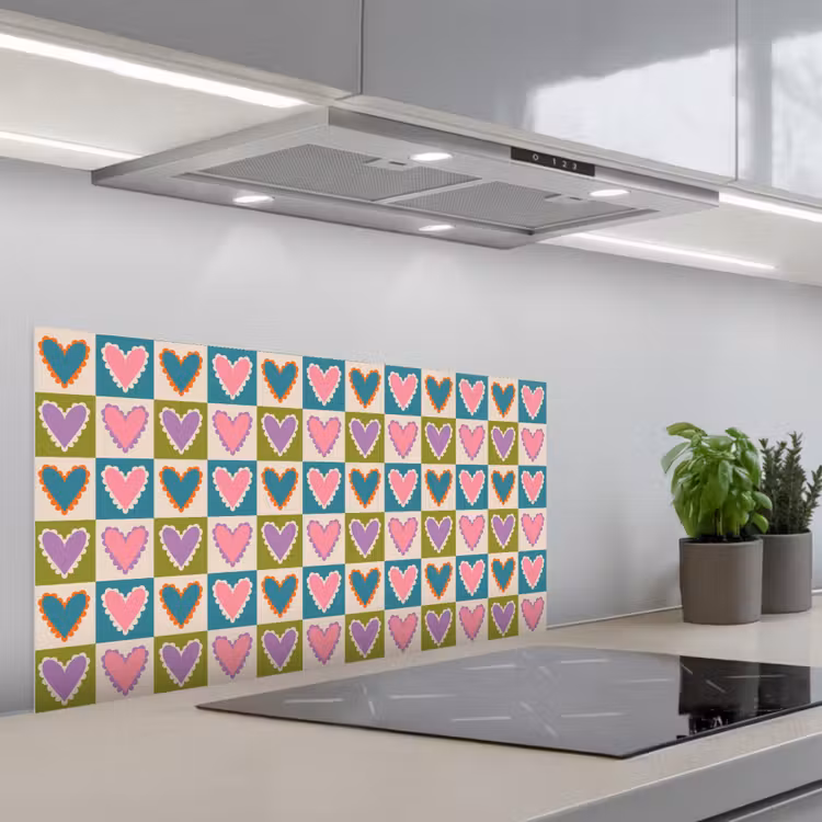 Retro - Kleuren - Patroon - Hartjes keuken achterwand spatscherm middel 899 -3d_schuin